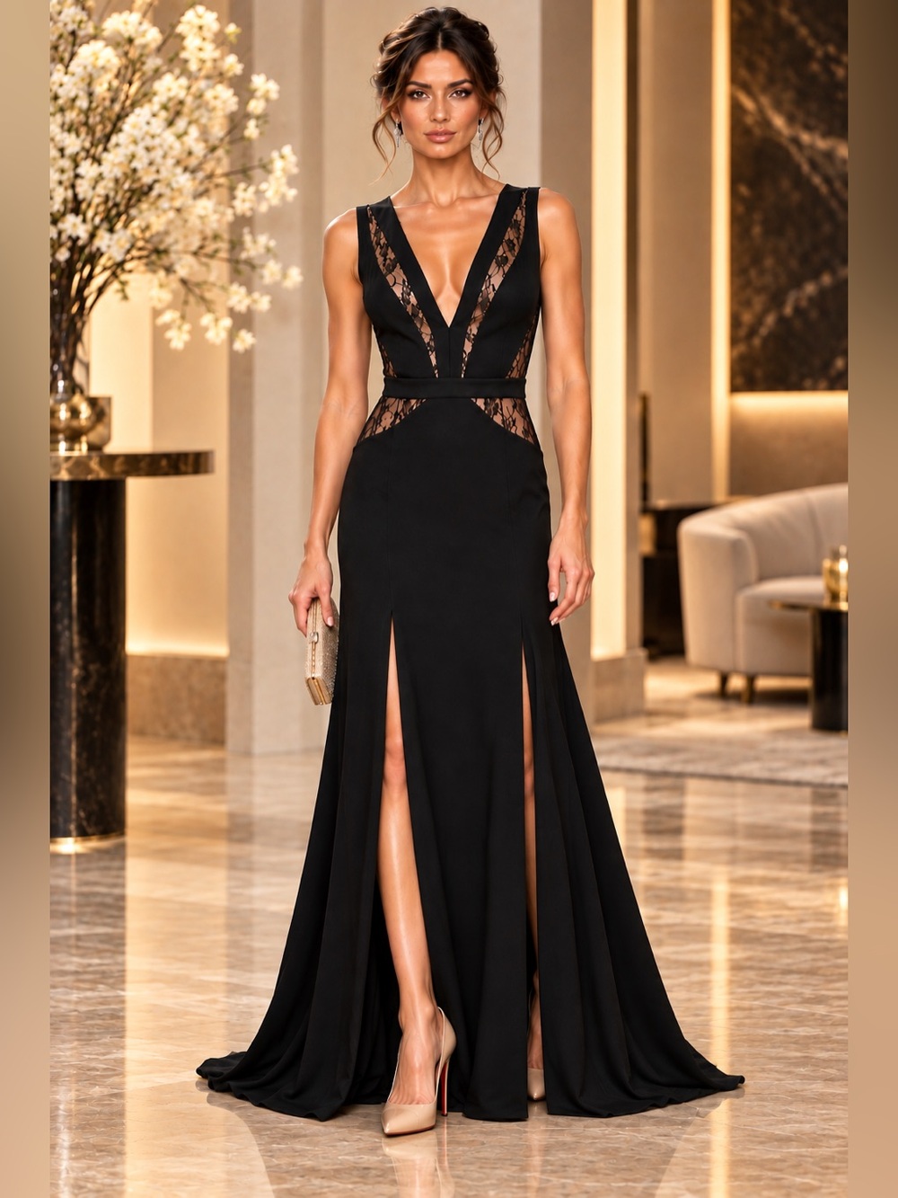 BCBGMAXAZRIA Sophee Lace Double Slit Evening Gown Sz 10